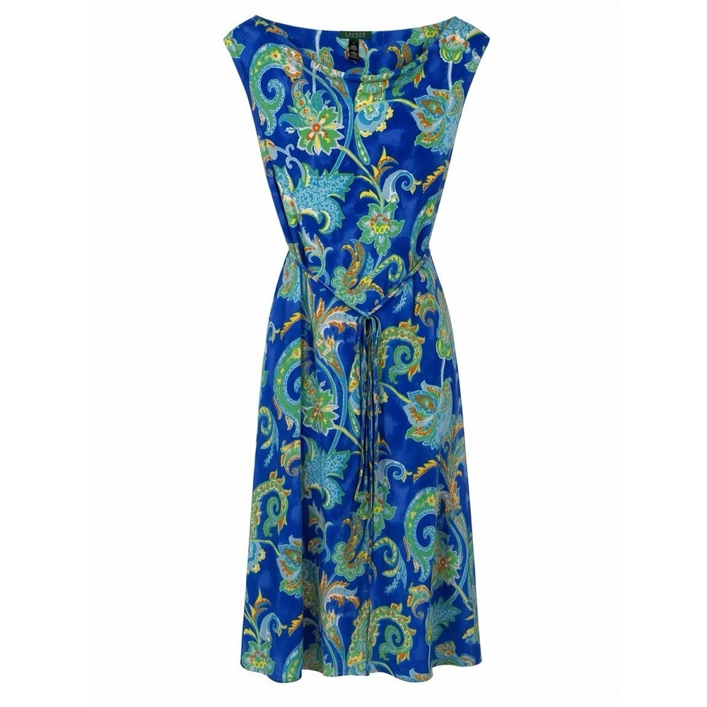 Lauren Ralph Lauren Sz S Paisley Blue Silky Cowl Neck Belt Stretchy Resort Dress